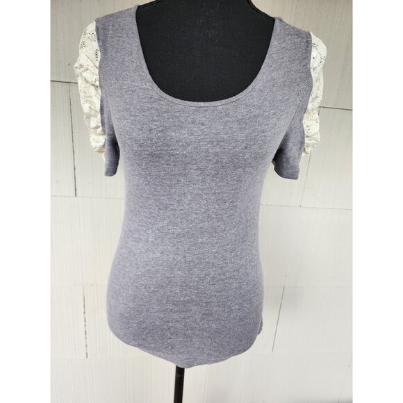 Coolwear Womens Cotton Blouse Top Gray With White Lace Short Sleeve Size M Med - Picture 1 of 7